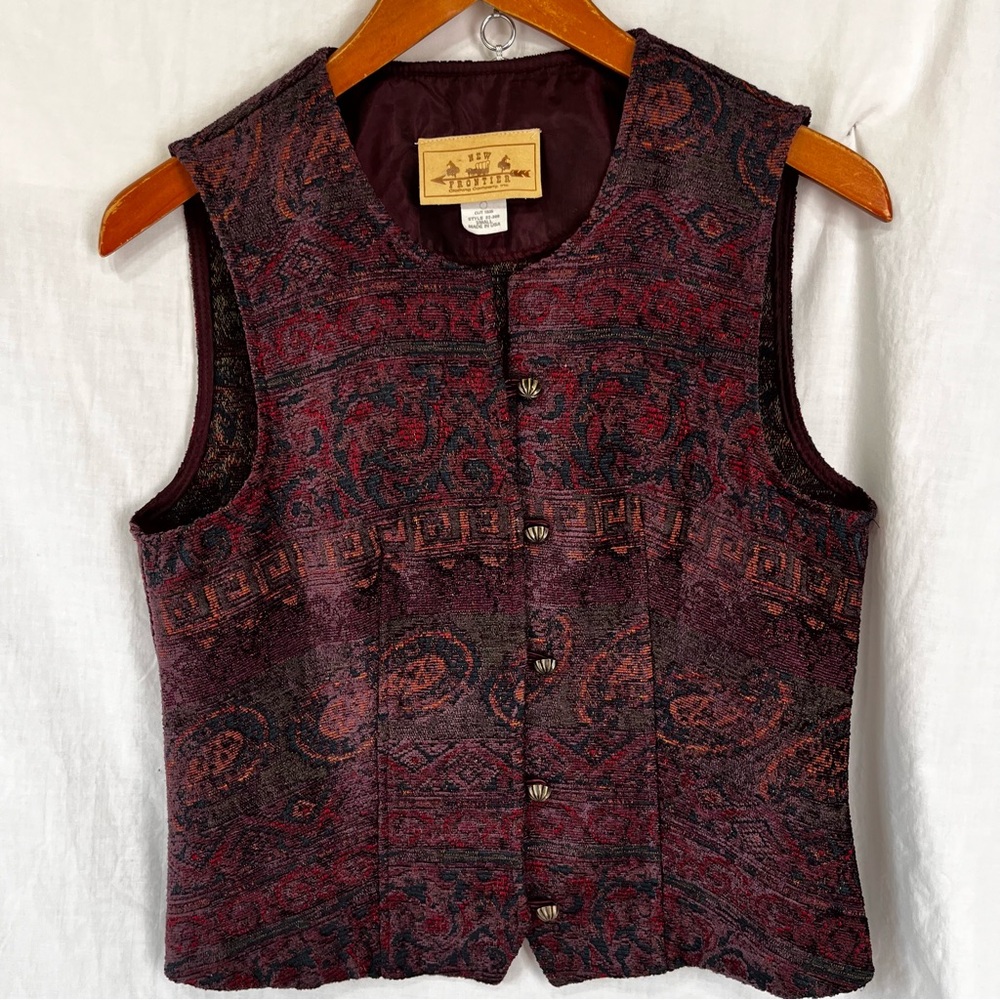 Vintage New Frontier Vest Women S Western Waistcoat Maroon Paisley Metal Buttons